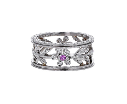 Platinum Diamond Sapphire Flower Vine Milgrain Band