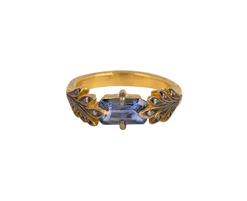 Emerald Cut Blue Sapphire Leaf Side Ring