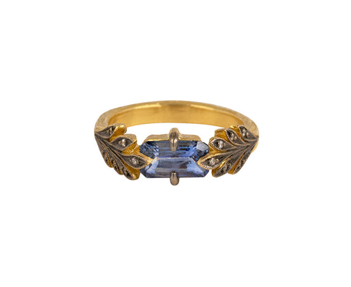 Emerald Cut Blue Sapphire Leaf Side Ring