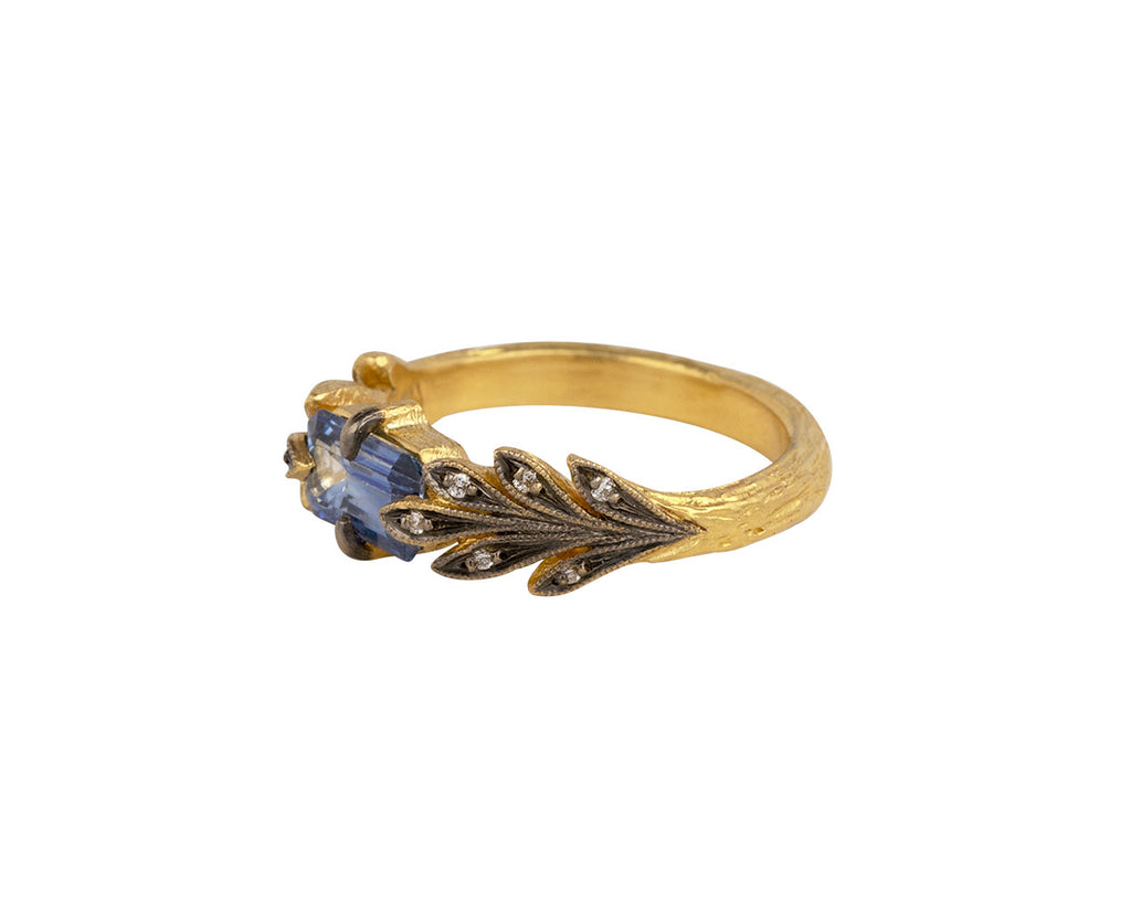 Emerald Cut Blue Sapphire Leaf Side Ring