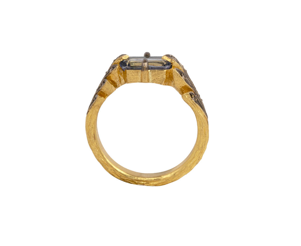 Emerald Cut Blue Sapphire Leaf Side Ring