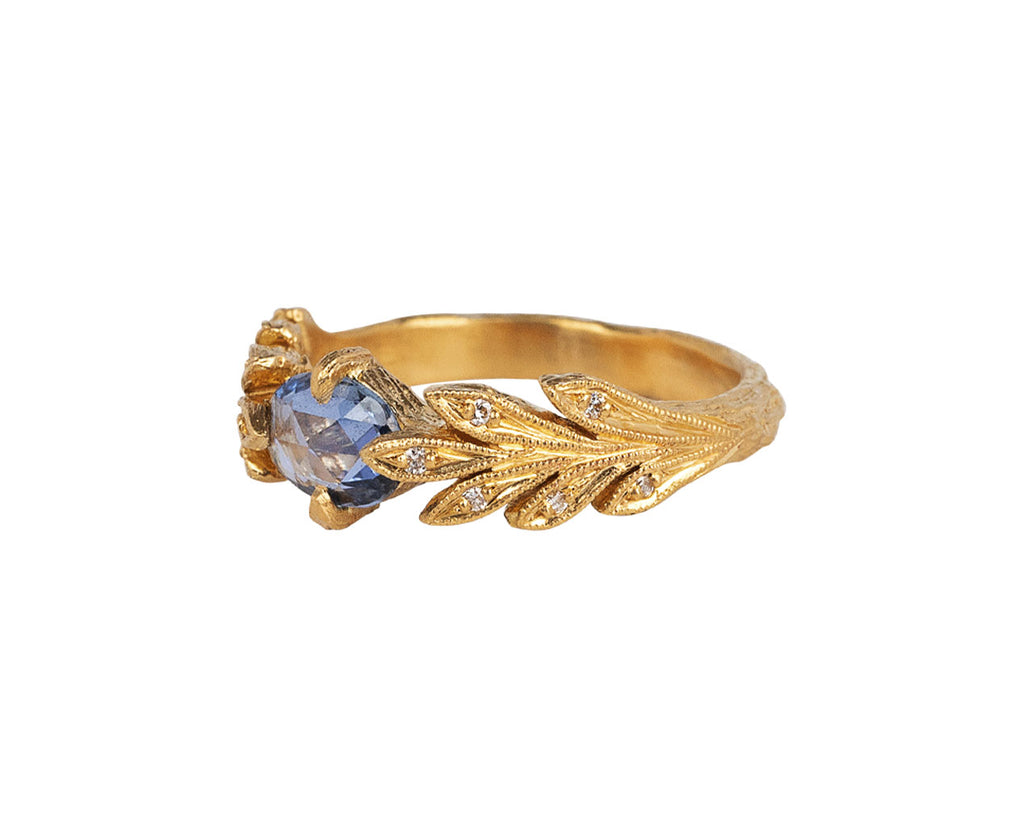 Cathy Waterman Oval Blue Sapphire Leaf Side Ring Side View