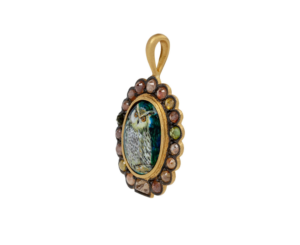 Cathy Waterman Diamond and Hand Painted Owl Charm Pendant ONLY Side View