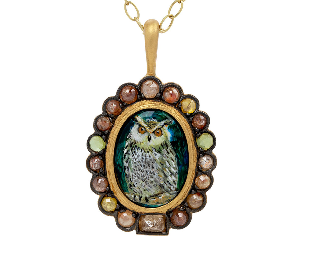 Cathy Waterman Diamond and Hand Painted Owl Charm Pendant ONLY Close Up
