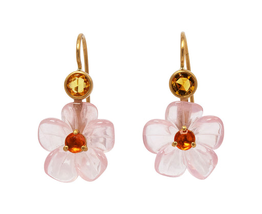 Cathy Waterman Rose Quartz and Fire Opal Jeweled Flower Earrings