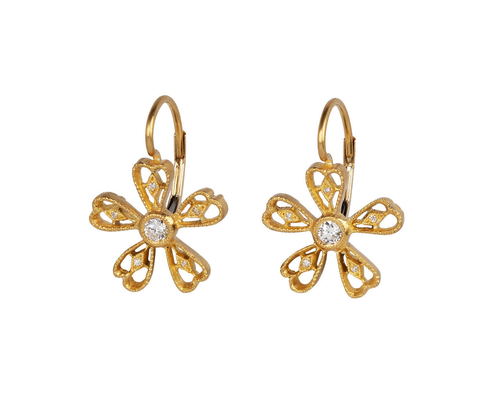 Cathy Waterman Gold Lace Flower and Diamond Earrings
