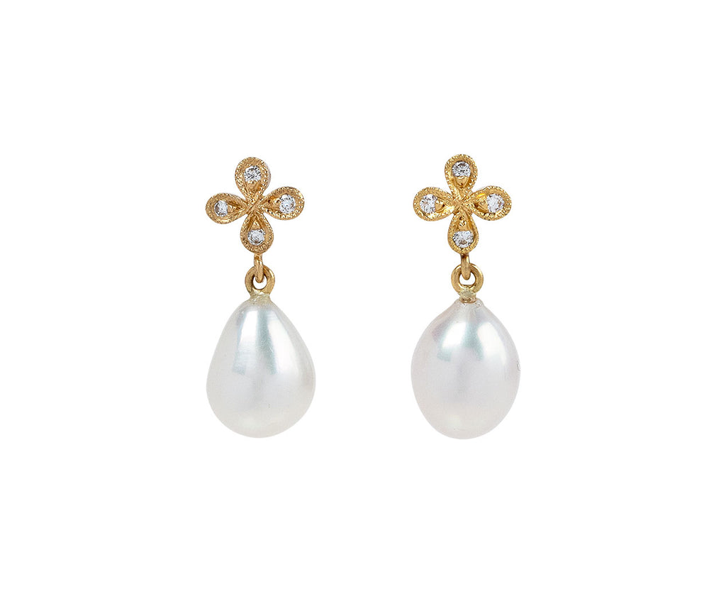Cathy Waterman Tiny Four Petal Flower and Freshwater Pearl Earrings