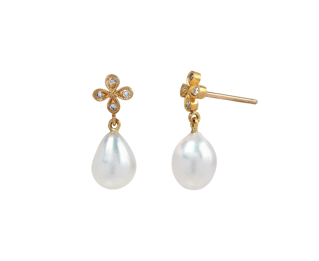 Cathy Waterman Tiny Four Petal Flower and Freshwater Pearl Earrings Side View