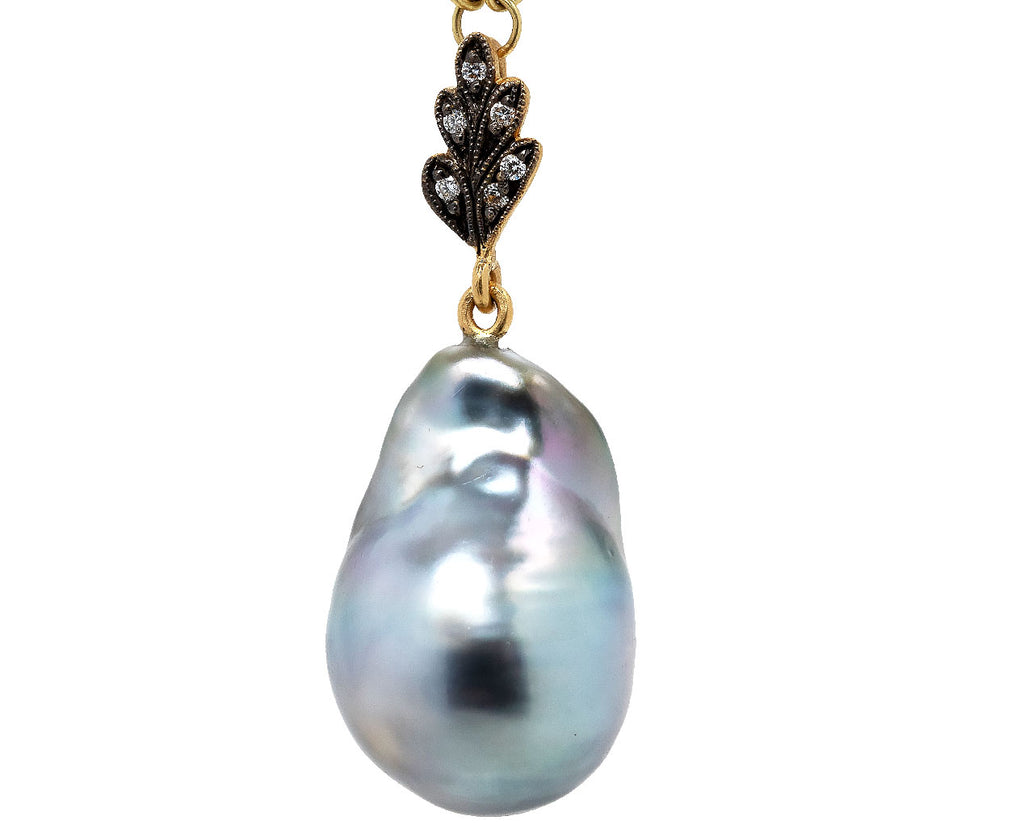 Cathy Waterman Tahitian Pearl on Leaf Pendant Necklace Close Up