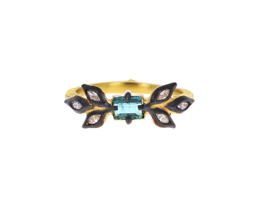 Blue Green Tourmaline and Marquise Diamond Leaf Ring
