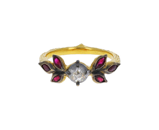 Black and White Diamond and Ruby Marquise Leaf Ring