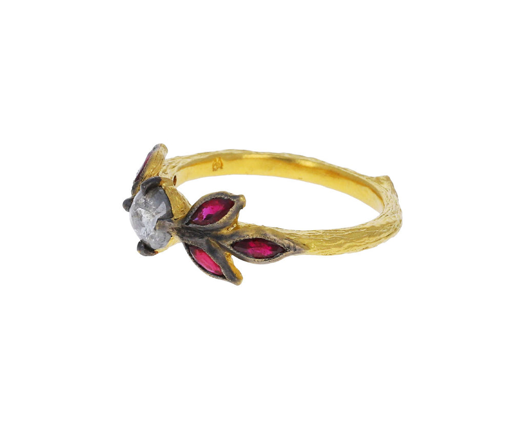 Black and White Diamond and Ruby Marquise Leaf Ring